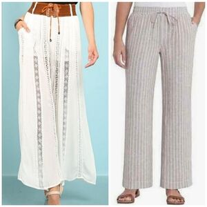 (Bundle) Crochet White Lace Up Belt Detail Pants & Beige Linen Blend Pants